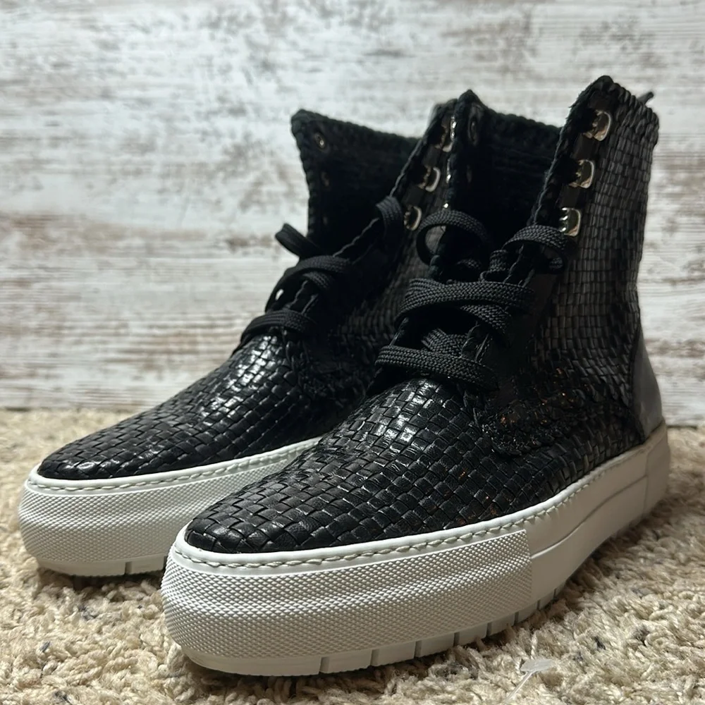 Aquatalia Tess Lace Up Woven Leather Sneakers Size 8.5 Black